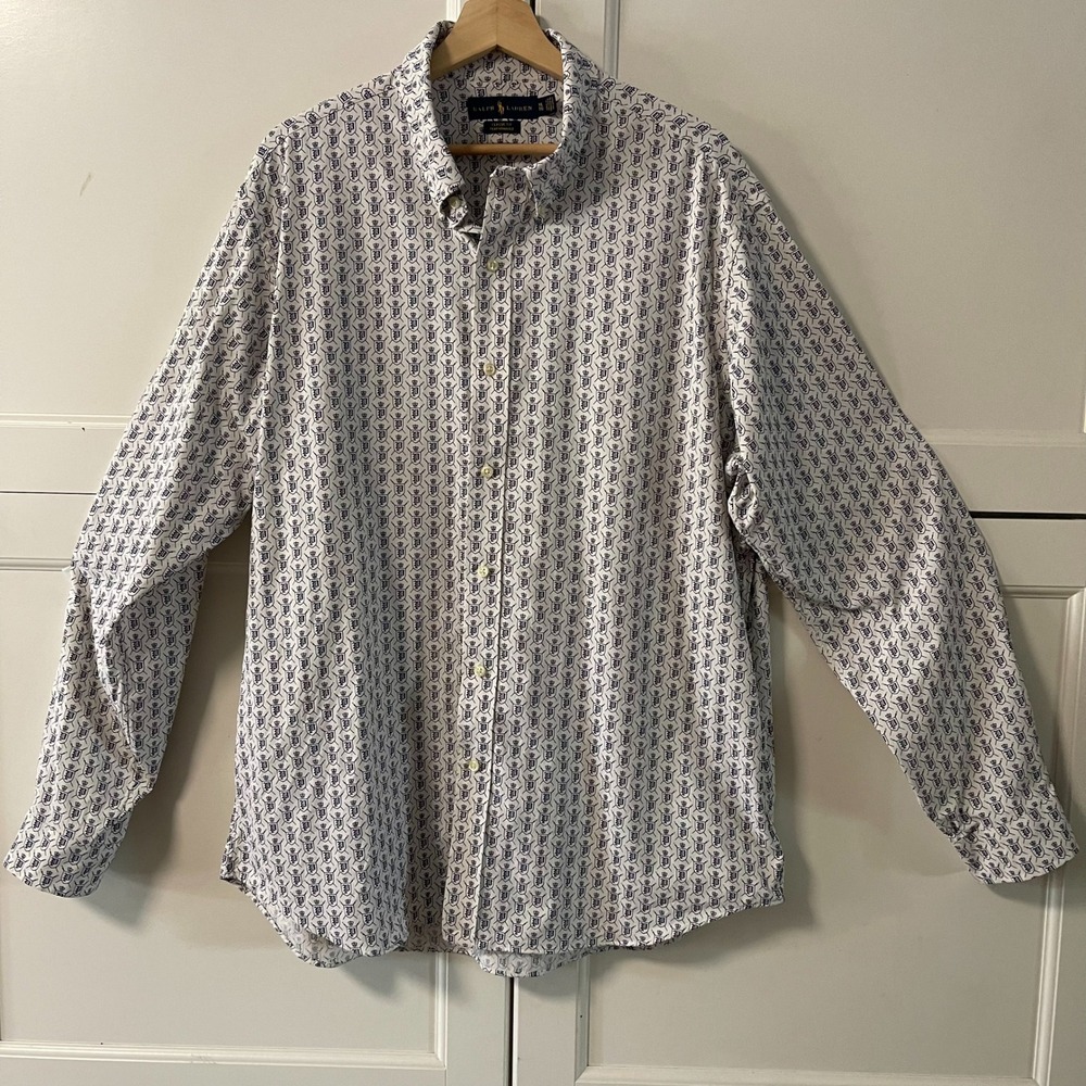 Ralph Lauren Classic Fit Performance Shirt Mens XL White Navy Crest Print LS